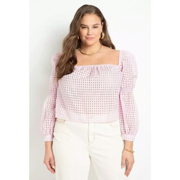 NEW Eloquii Crop Top Women's Size 18 Lilac Gingham Sheer Square Neck Puff Sleeve - Picture 1 of 6